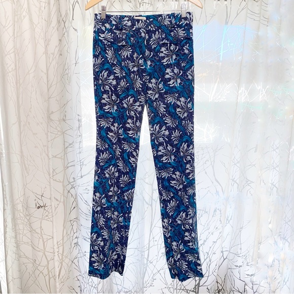 REBECCA TAYLOR blue floral print high rise waisted wide leg pants front pockets - Picture 2 of 14